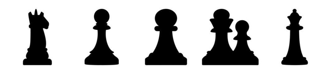 Chess Pieces Silhouettes Displayed in a Row against a White Background