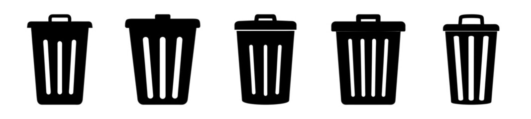 Set of five simple black trash bin icons in various designs
