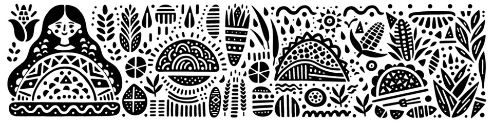 Hand‑Drawn Tacos Illustration, Tribal Food Folk Art Pattern Vector for Culinary and Mexican Adventure Themes Design