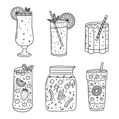 Summer glass drink cocktail doodle set. Cocktail fruit beverage juice for menu. Doodle sketch vector illustration