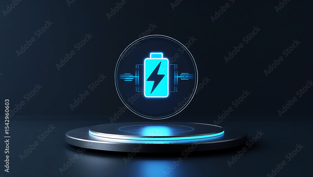Aufkleber glowing battery icon on a shiny circular platform display