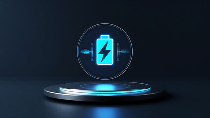 Glowing Battery Icon on a Shiny Circular Platform Display