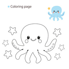 Cute octopus coloring page with smiling face and small colored version in the corner – perfect for kids’ ocean-themed activities and creative learning.