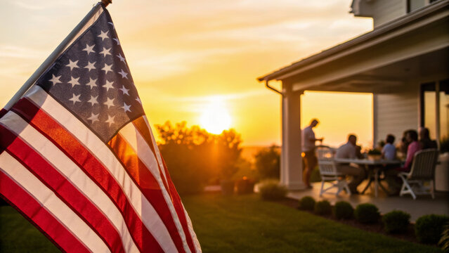 American flag sunset family outdoor celebration summer patriotic gathering. Kid celebrating 4th of July, family gathering USA patriotic moment