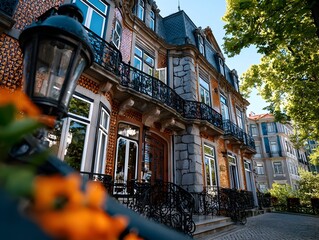 Lisbon building, tiled facade, street view, sunny day