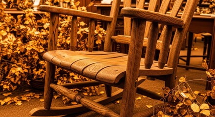 Wooden Rocking Chair Surrounded by Autumn Leaves