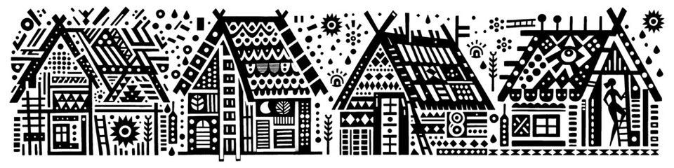 Hand‑Drawn Wood House Cottage Illustration, Tribal Rustic Folk Art Pattern Vector for Architecture and Countryside Living Themes Design