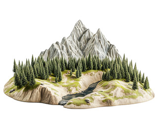 3d model of a piece of land, a mountain, and a forest on a transparent background