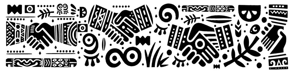 Hand‑Drawn Handshake Illustration, Tribal Agreement Folk Art Pattern Vector for Business and Partnership Themes Design