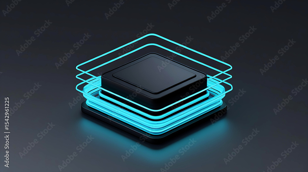 Poster futuristic platform display of multiple layers glowing blue cyan