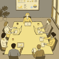 Flat Vector Illustration of Business Team in Conference Meeting with Marketing Analytics Dashboard and Project Planning Concept