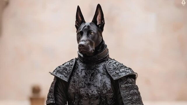 International dog day. A black dog wearing ornate, medieval-style black armor stands against a plain background.
