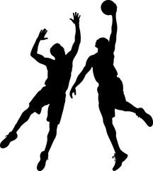 Silhouette of two basketball players—one shooting, one defending—captured mid-air. Perfect for sports designs, athletic branding, posters, training graphics, and action-packed marketing content.