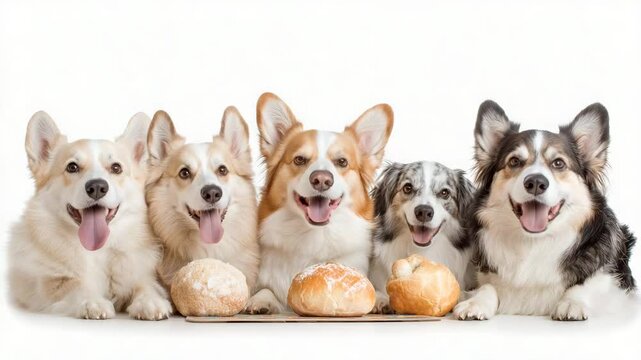 International dog day. Five happy dogs are sitting in a row with various bread rolls in front of them, all against a white background.