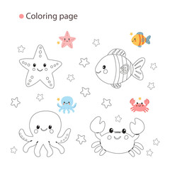 Summer ocean-themed coloring page with cute smiling sea creatures – fish, crab, dolphin, and starfish – with color examples for children's activities.
