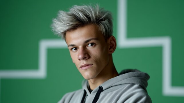 Young man with a gray hoodie and gray hair is standing in front of a green wall - Powered by Adobe