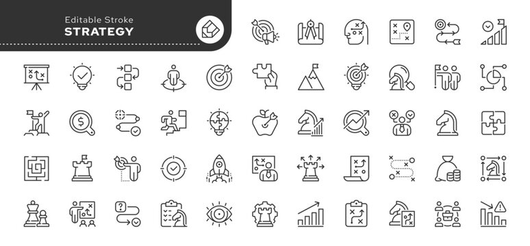 Strategy line icon set. Business success, achievement, goal, financial strategy, strategic horse, management, planning, plan, labyrinth. Outline vector icon in linear style. Pictogram collection	