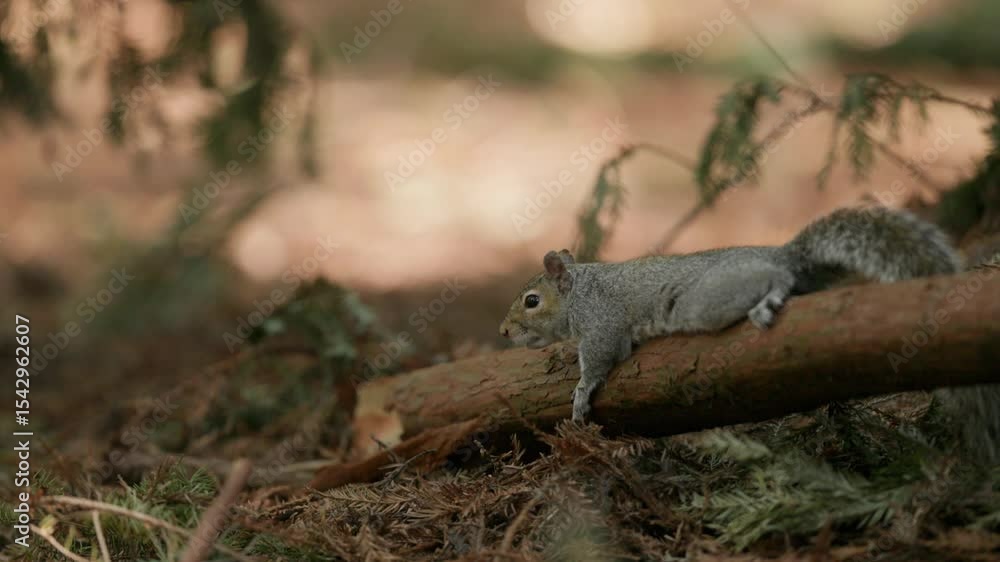 Poster close up of a grey squirrel laying on a branch in midst of an evergreen forest while twitching its t
