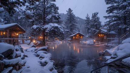 Cozy winter retreat with hot springs in snowy landscape