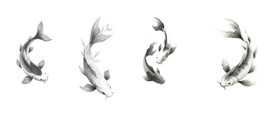Fototapeta premium Koi fish illustrations showcasing elegant movements in a serene black and white style