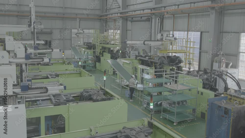 Poster mechanic factory workers controlling automated engine assembly line body vehicle, focused technician