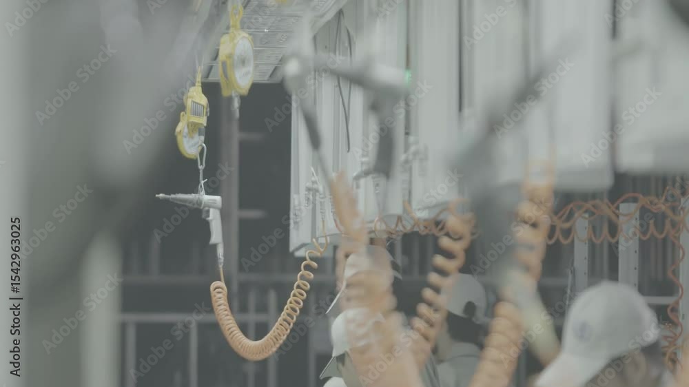 Poster mechanic factory workers chassis on automated engine assembly line, focused technicians work meticul