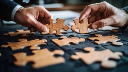 Connecting the Pieces: Two hands carefully connect two wooden jigsaw puzzle pieces, symbolizing collaboration, problem-solving, and strategic partnerships.