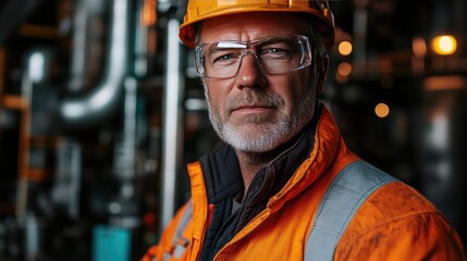 Guardian of Industry: A focused engineer, donned in safety gear, exudes expertise as he oversees intricate machinery, his gaze fixed and confident, symbolizing precision and reliability.