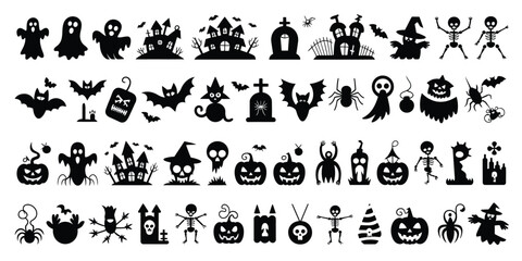 Naklejka premium Black Halloween Silhouettes Collection Spooky Ghosts Bats Pumpkins Skeletons Witch vector