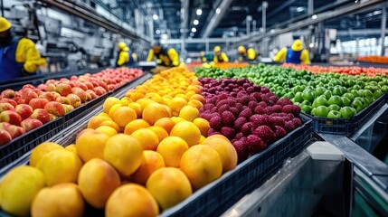Fruits Production Line: In this scene, an automated factory line diligently sorts a colorful variety of fruits, showcasing the efficiency of modern food production.