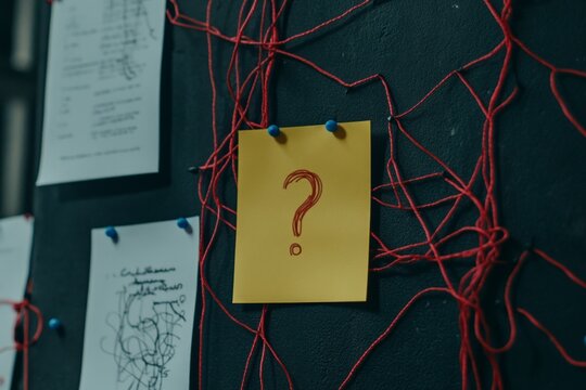 Question Mark On Yellow Note Attached To Dark Wall With Red Strings