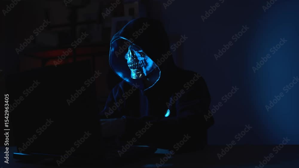 Poster darknet hacker typing in a dim room – anonymous cyber criminal working on data breach, privacy attac