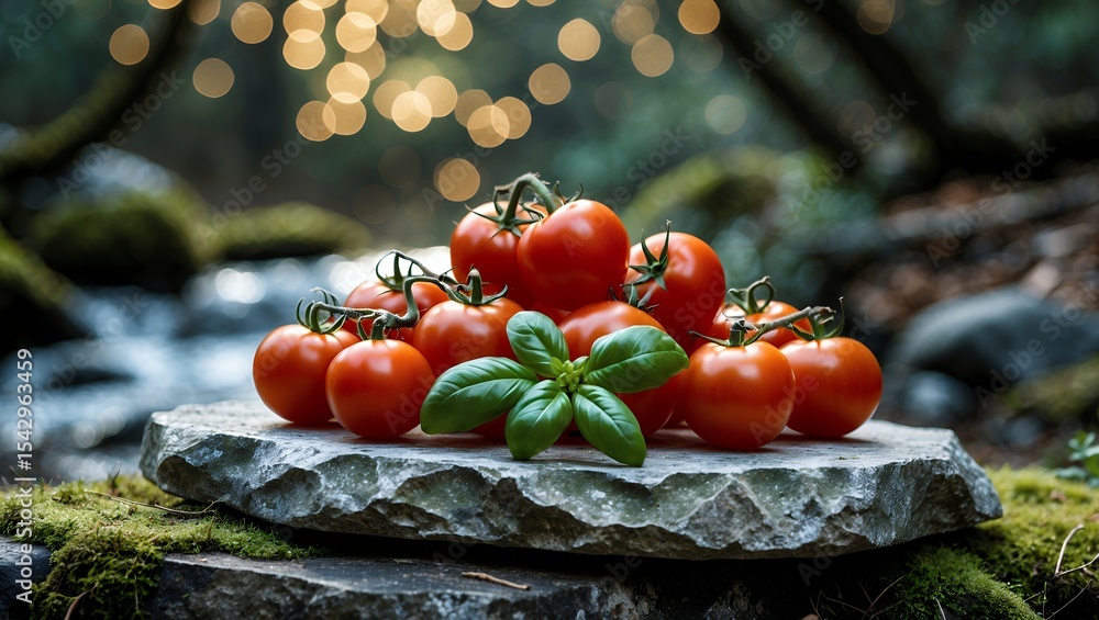 Poster tomatoes and basil displayed on stone with bokeh background