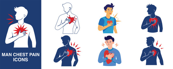Man chest pain suffering from heart attack. Vector Illustration.
