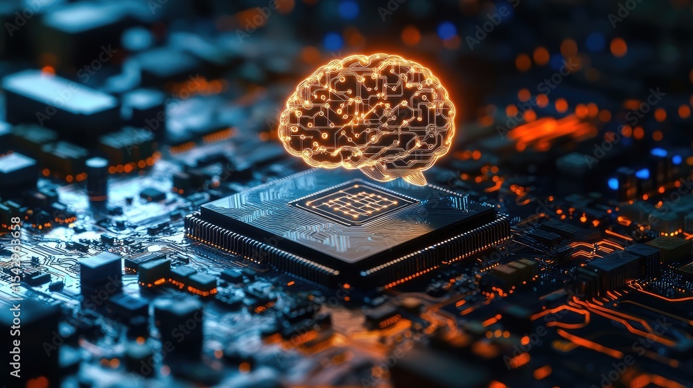 Poster an intricately designed circuit board, a glowing representation of a brain, illustrates the concept 