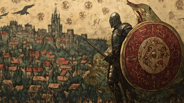 A knight with a shield defending a small village again