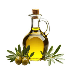 Olive oil bottle surrounded by fresh olives and green leaves on a Transparent background, Olive oil in bottle with fresh fruit and leaves isolated on PNG background