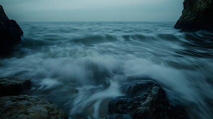 A long exposure of waves gently washing over a rocky