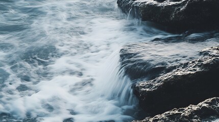 A long exposure of waves gently washing over a rocky