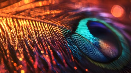 A macro photo of a vibrant peacock feather