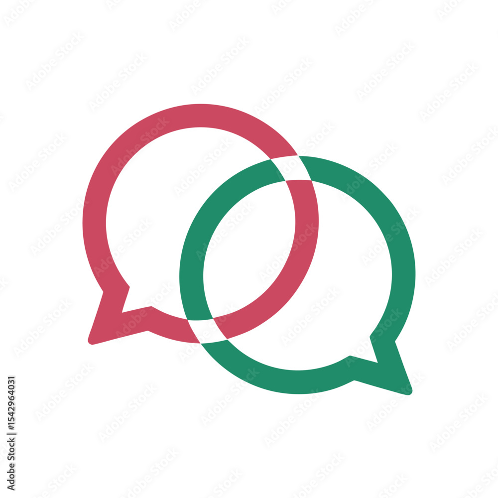 Poster intertwined red and teal speech bubbles abstract communication concept graphic design element