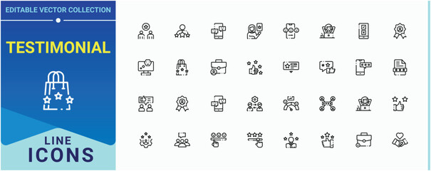 Testimonial icon set. Includes thin line symbols happy, review, like, feedback and more. Satisfaction icon set. Simple line vector icons. Editable stroke. Pixel Perfect.