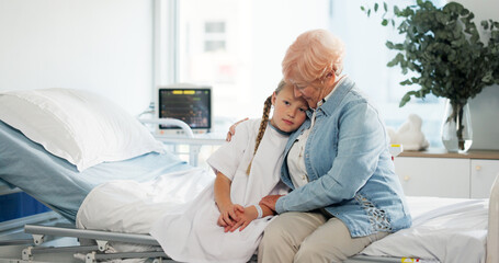 Hug, medical and grandmother with child in hospital for support, pediatric patient and love....