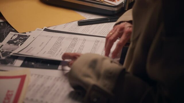 Secret female agent or security analyst is reading top secret classified documents on office desk in dark room. Government or agency. Conspiracy investigation of files and folders by detective