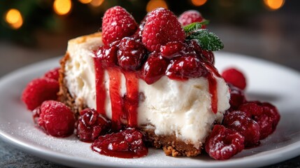 An enticing slice of raspberry cheesecake topped with fresh berries and a berry sauce, inviting viewers to indulge in a sweet and delightful dessert experience.