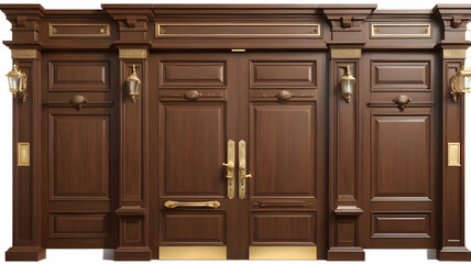 Fototapeta premium old wooden door with intricate grain texture and an ornate gold handle showcasing rustic charm and antique design isolated on white background