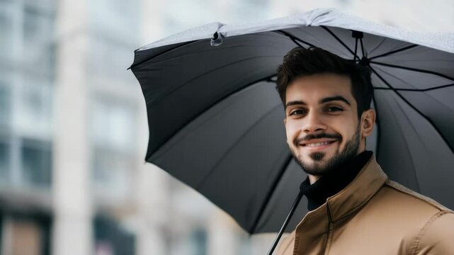 Smiling Indian man in brown coat under umbrella in rainy urban environment