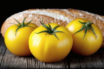 Yellow tomatoes and bread on wood, Fresh tomatoes with black background, Healthy rustic food concept image
