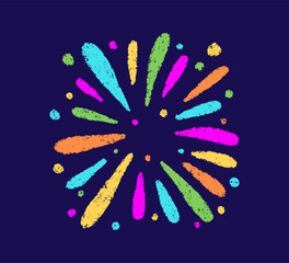 Crayon doodle firework symbol. Hand drawn firework pencil sketch. Chalk color magic sparkle. Crayon texture burst. Vector illustration on white background.