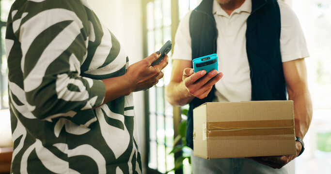 Hands, courier and phone with pos at front door, home and machine for payment, deal and online order. People, delivery man and customer with box, info and ecommerce services with fintech at apartment